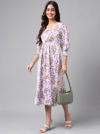 Janasya Women's Lavender Satin Digital Floral Printed A-line Casual Dress - Distacart