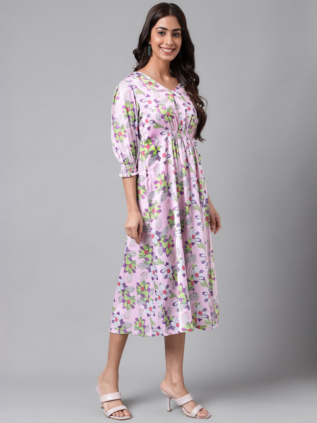 Janasya Women's Lavender Satin Digital Floral Printed A-line Casual Dress - Distacart