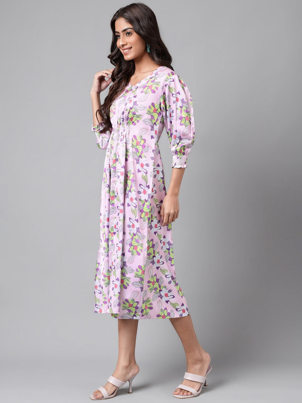 Janasya Women's Lavender Satin Digital Floral Printed A-line Casual Dress - Distacart