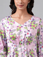 Janasya Women's Lavender Satin Digital Floral Printed A-line Casual Dress - Distacart