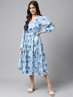 Janasya Women's Grey Satin Digital Floral Printed Flared Casual Dress - Distacart
