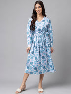 Janasya Women's Grey Satin Digital Floral Printed Flared Casual Dress - Distacart