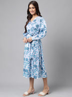 Janasya Women's Grey Satin Digital Floral Printed Flared Casual Dress - Distacart