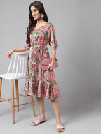 Janasya Women's Pink Satin Digital Floral Printed A-line Ethnic Dress - Distacart