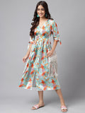 Janasya Women's Orange Satin Digital Floral Printed Flared Casual Dress - Distacart