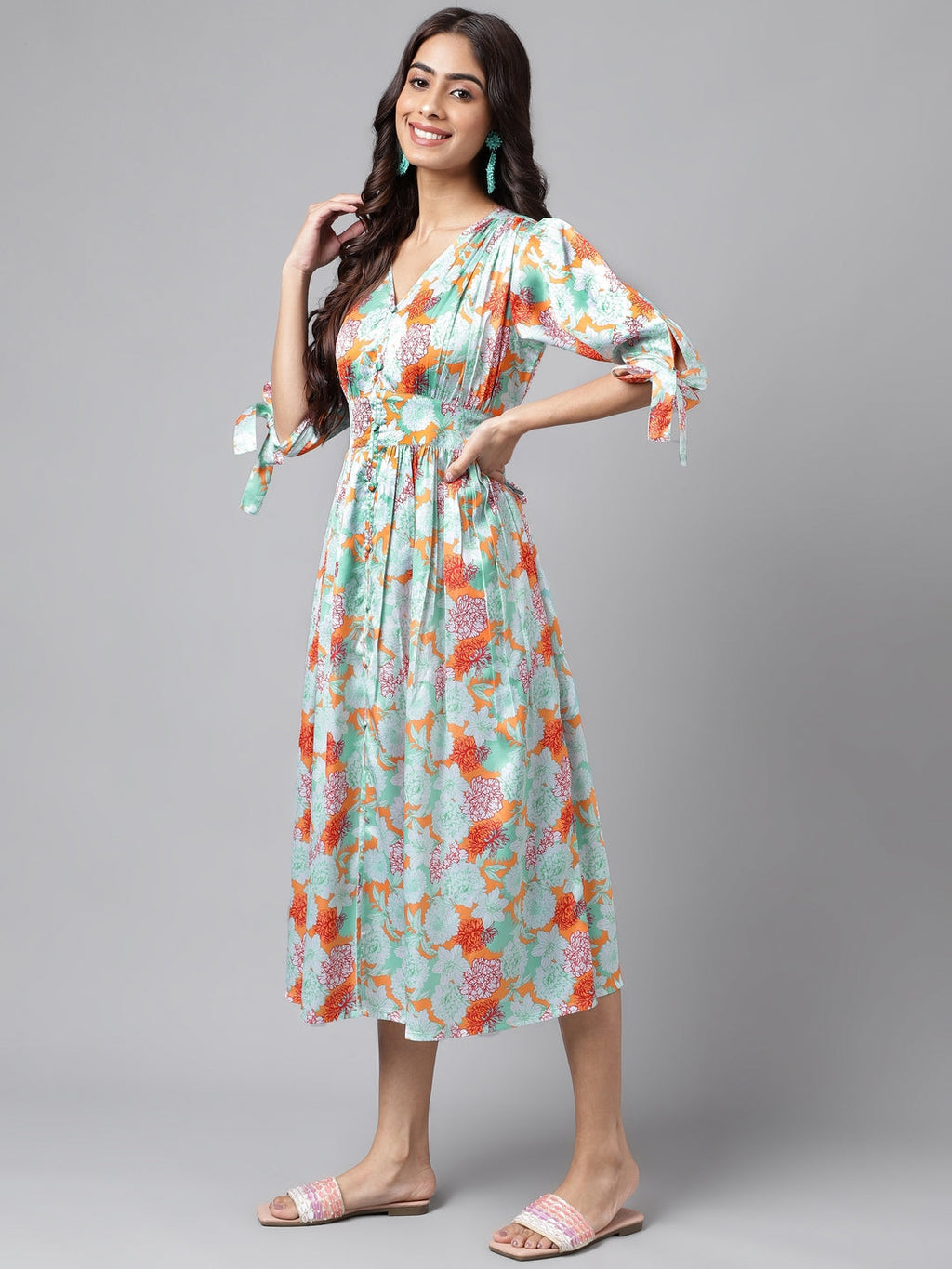 Janasya Women's Orange Satin Digital Floral Printed Flared Casual Dress - Distacart