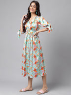 Janasya Women's Orange Satin Digital Floral Printed Flared Casual Dress - Distacart