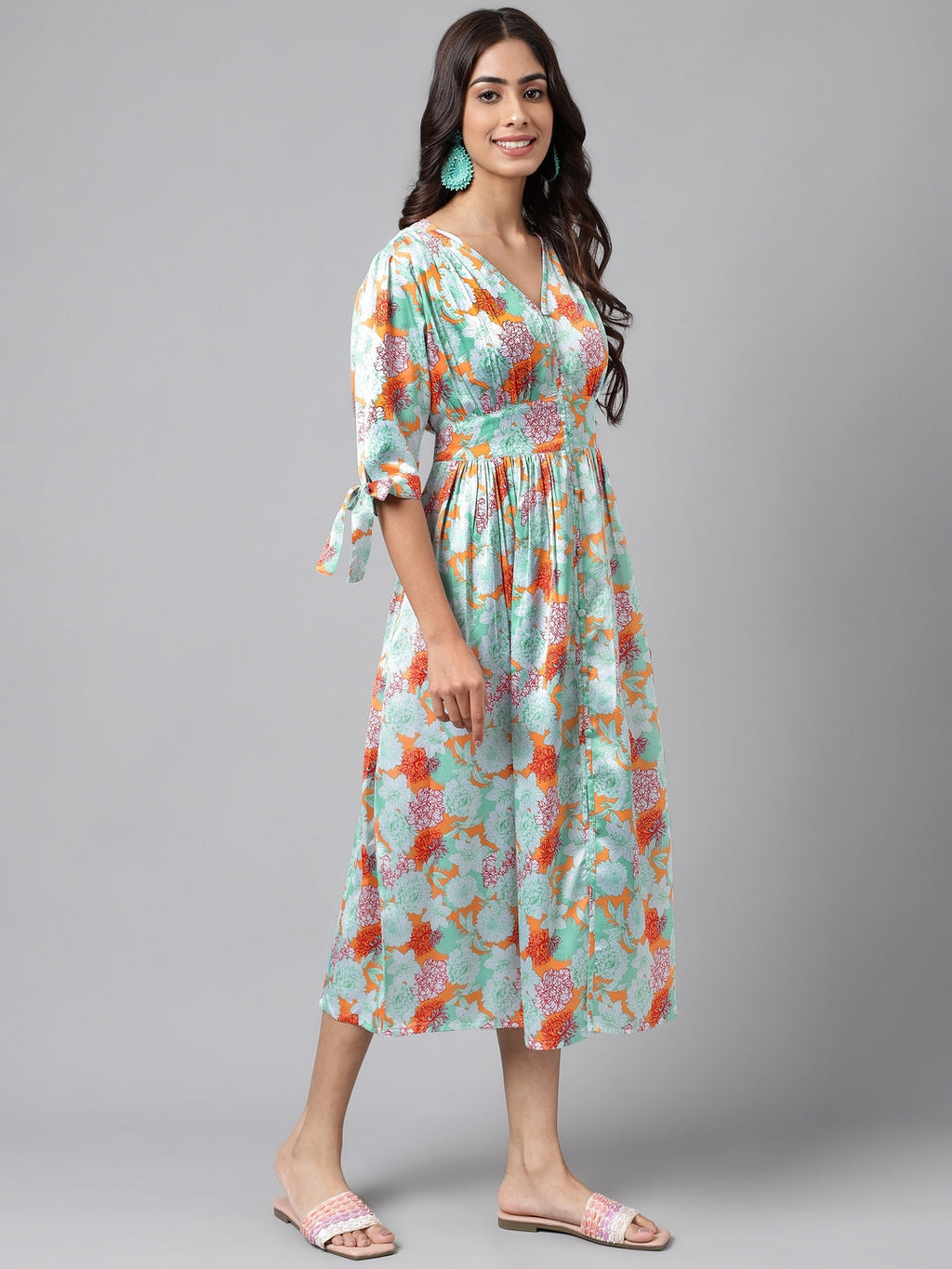Janasya Women's Orange Satin Digital Floral Printed Flared Casual Dress - Distacart