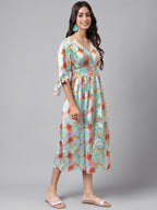 Janasya Women's Orange Satin Digital Floral Printed Flared Casual Dress - Distacart