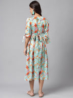 Janasya Women's Orange Satin Digital Floral Printed Flared Casual Dress - Distacart