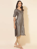 Janasya Grey Crepe Foil Printed Festive Kurta