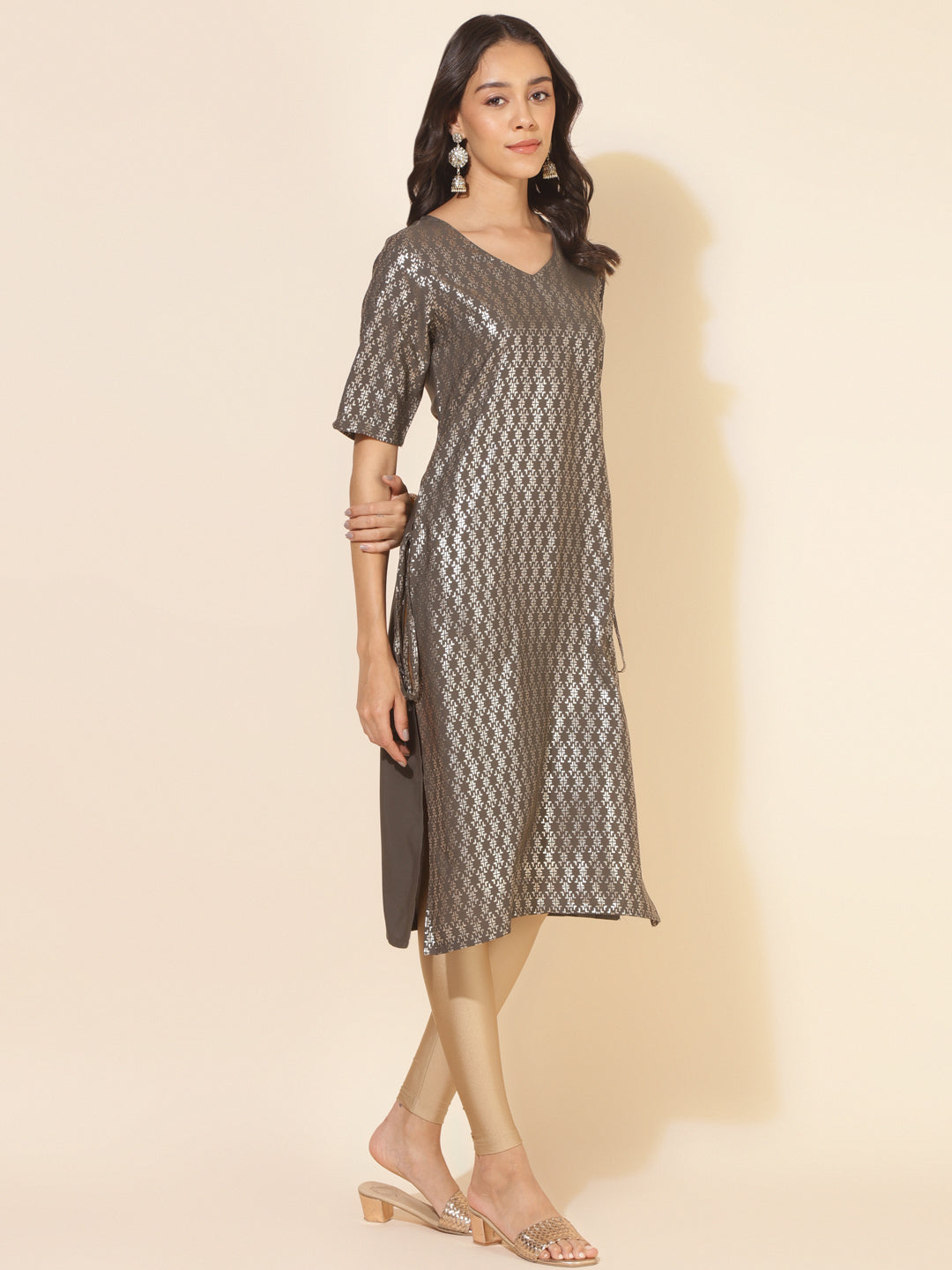 Janasya Grey Crepe Foil Printed Festive Kurta