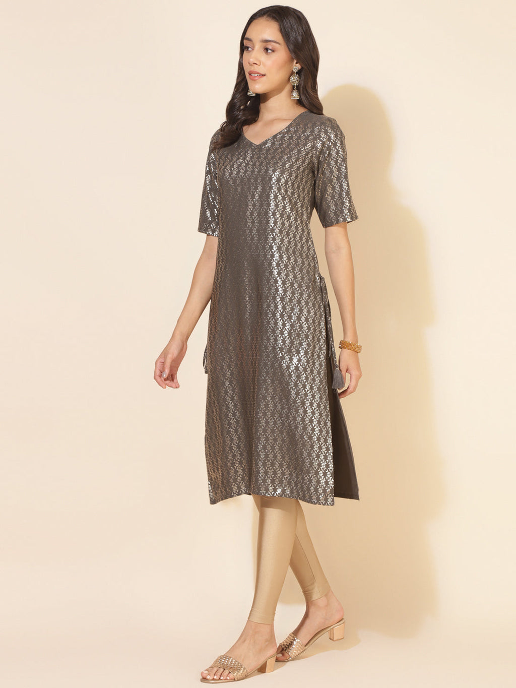Janasya Grey Crepe Foil Printed Festive Kurta
