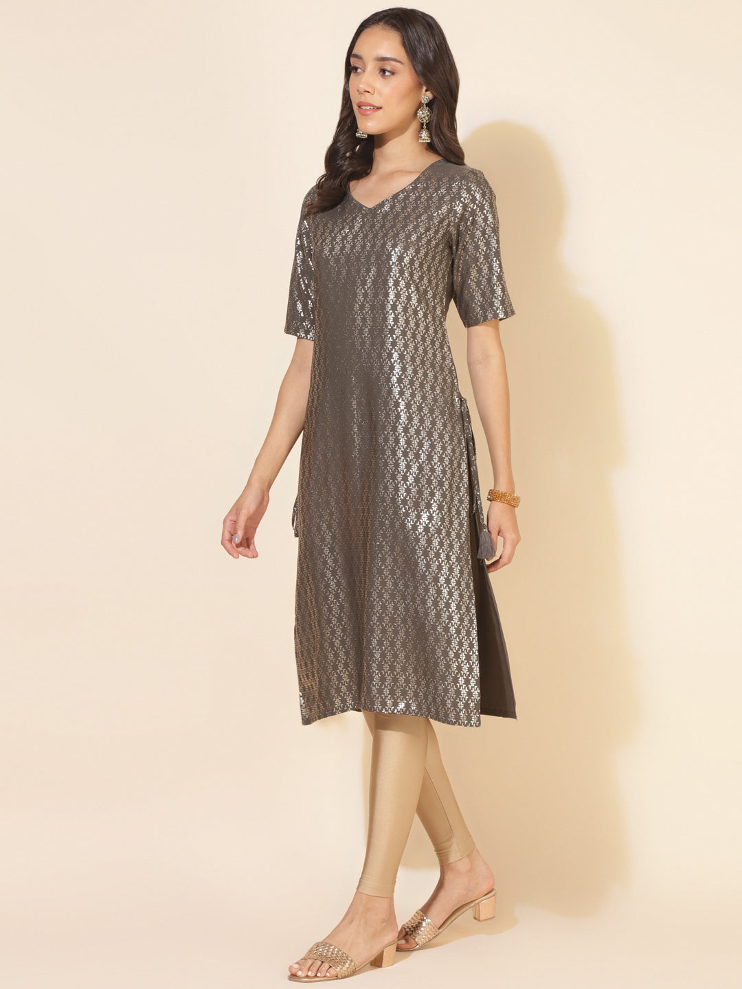 Janasya Grey Crepe Foil Printed Festive Kurta