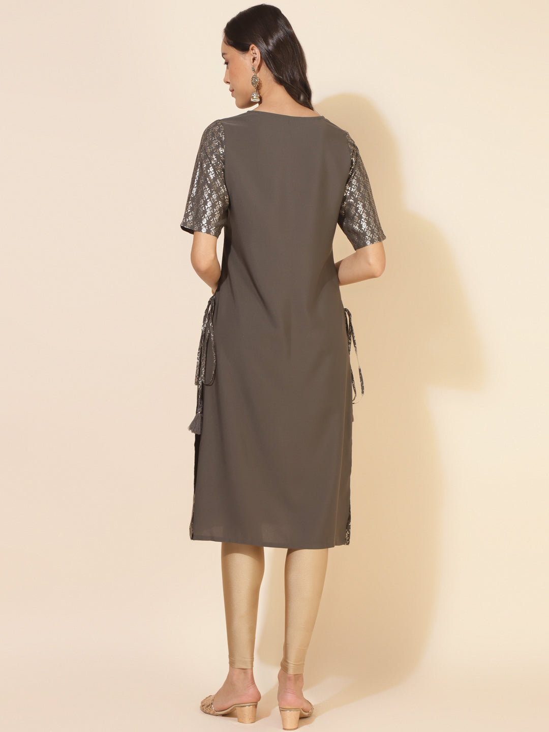 Janasya Grey Crepe Foil Printed Festive Kurta
