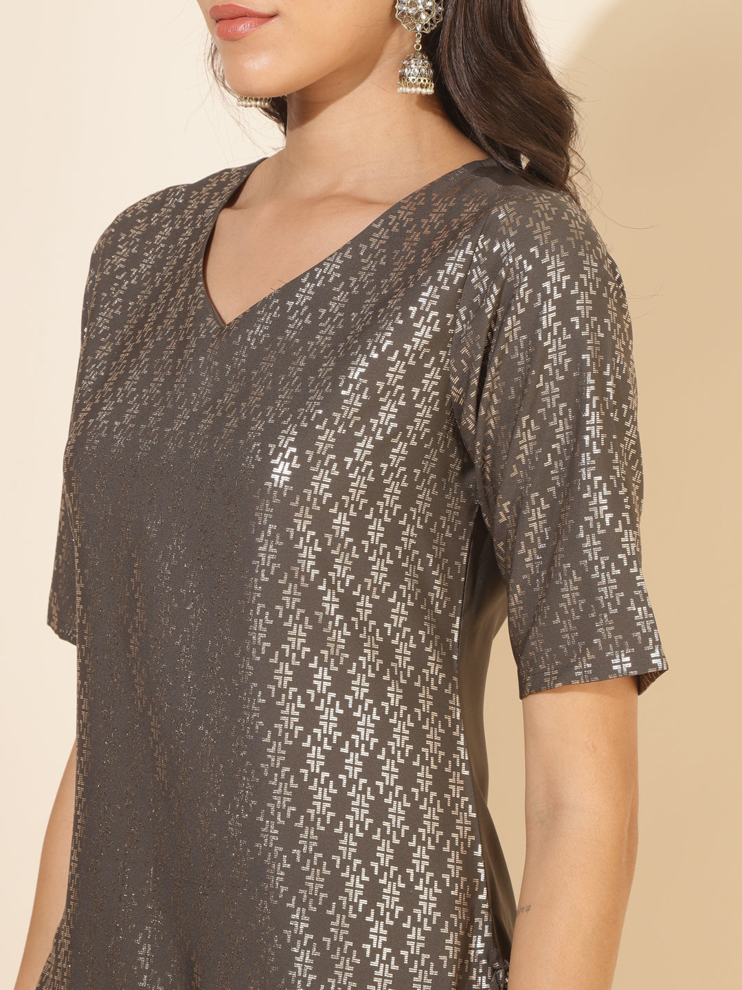 Janasya Grey Crepe Foil Printed Festive Kurta