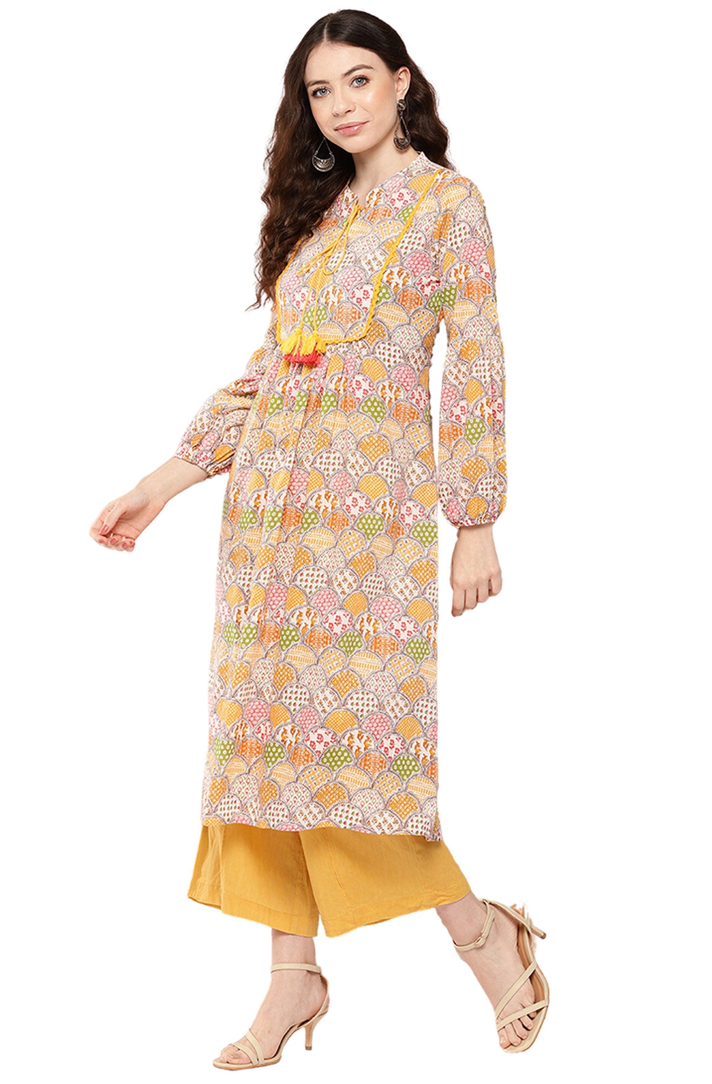 Janasya Multicolor Cotton Ethnic Motifs A-Line Kurta