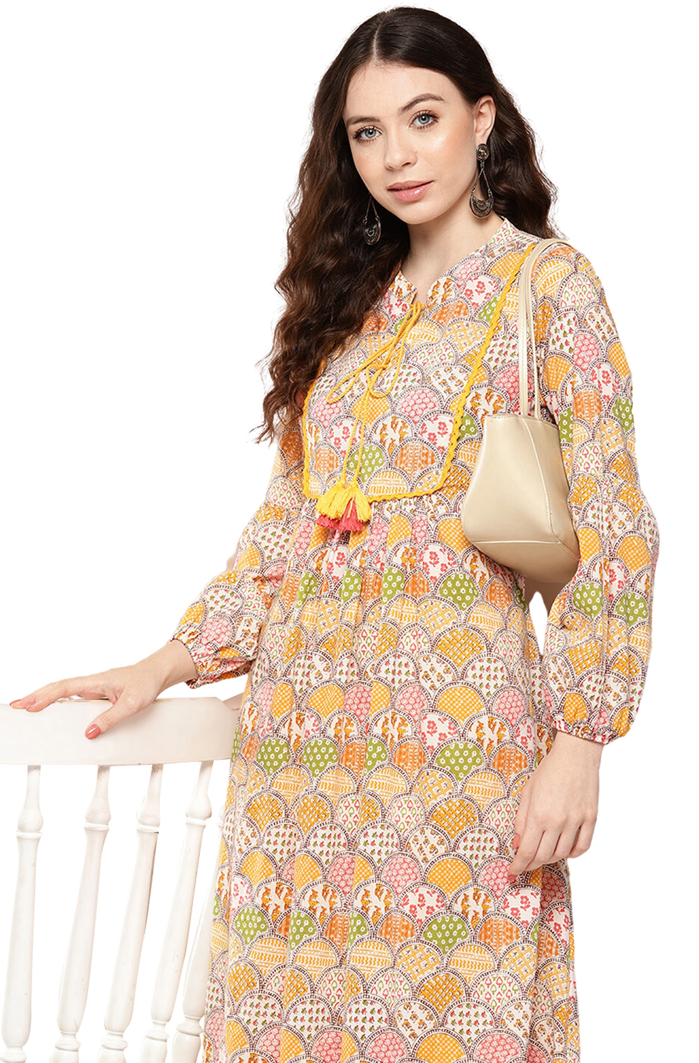 Janasya Multicolor Cotton Ethnic Motifs A-Line Kurta
