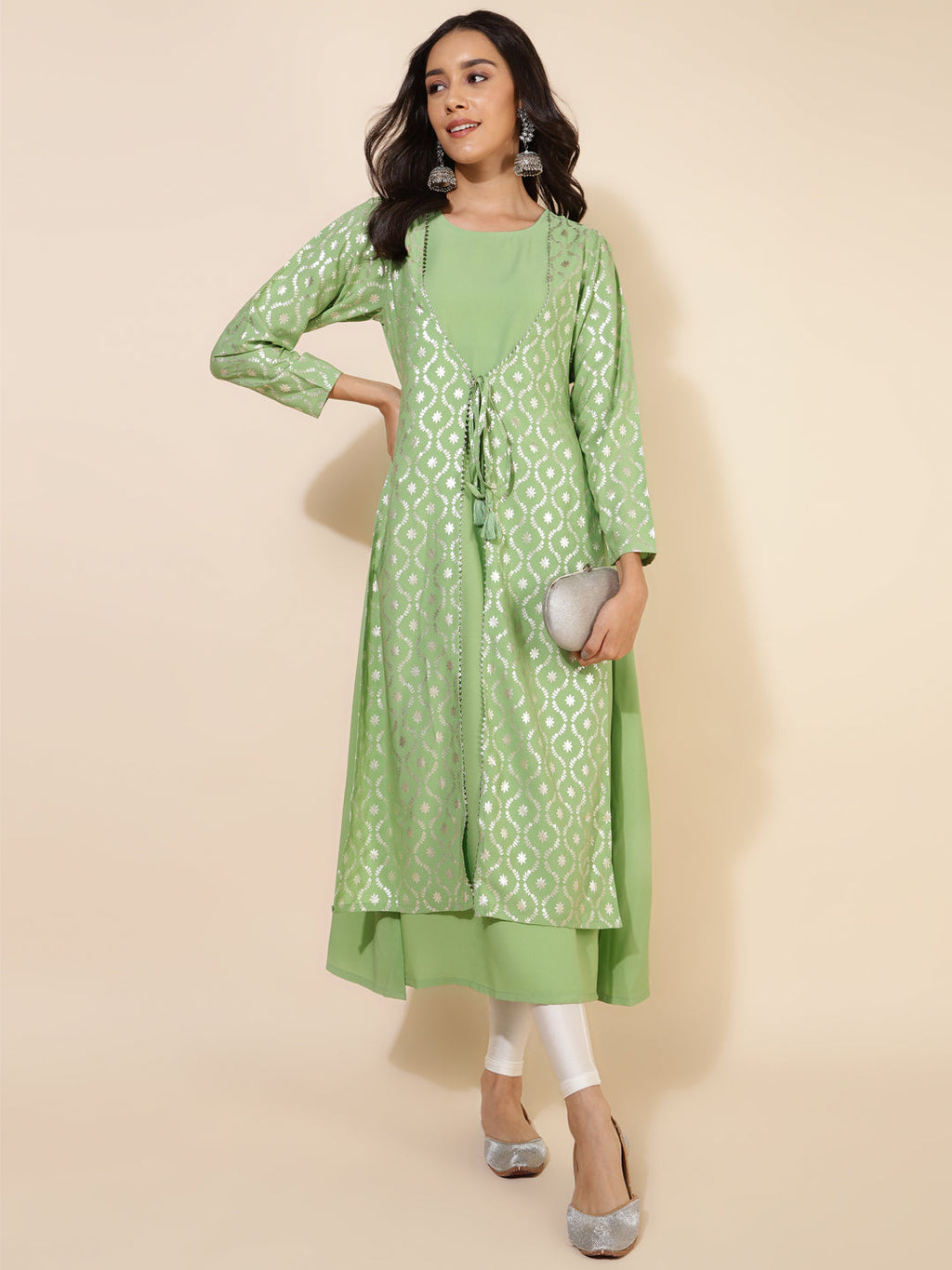 Janasya Light Green Crepe Foil Printed Festive Kurta