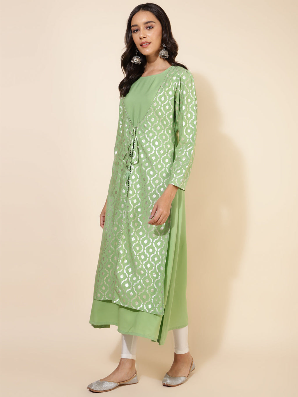 Janasya Light Green Crepe Foil Printed Festive Kurta