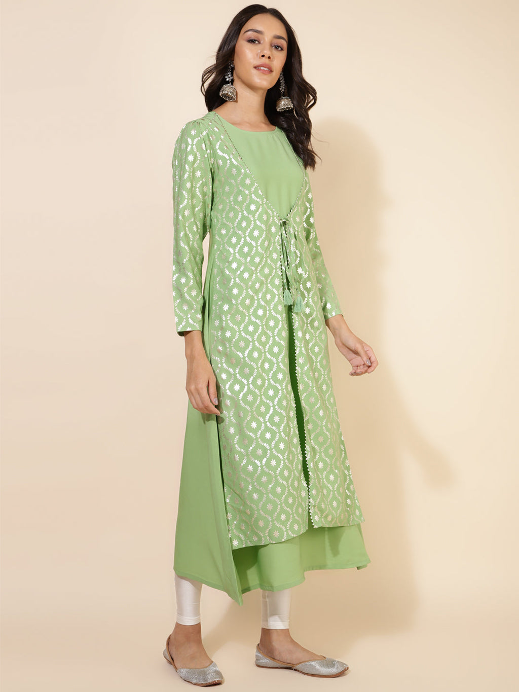 Janasya Light Green Crepe Foil Printed Festive Kurta