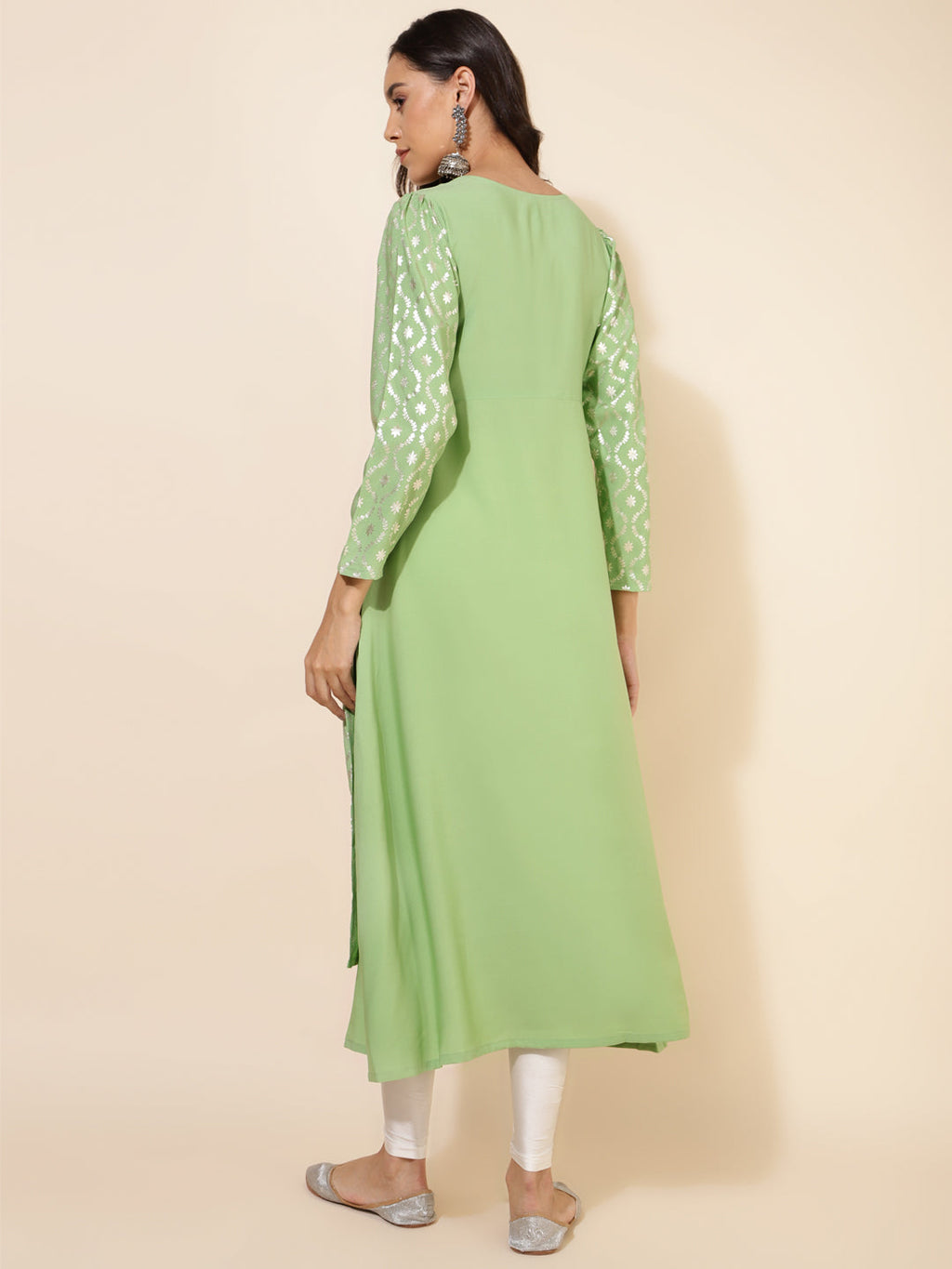 Janasya Light Green Crepe Foil Printed Festive Kurta