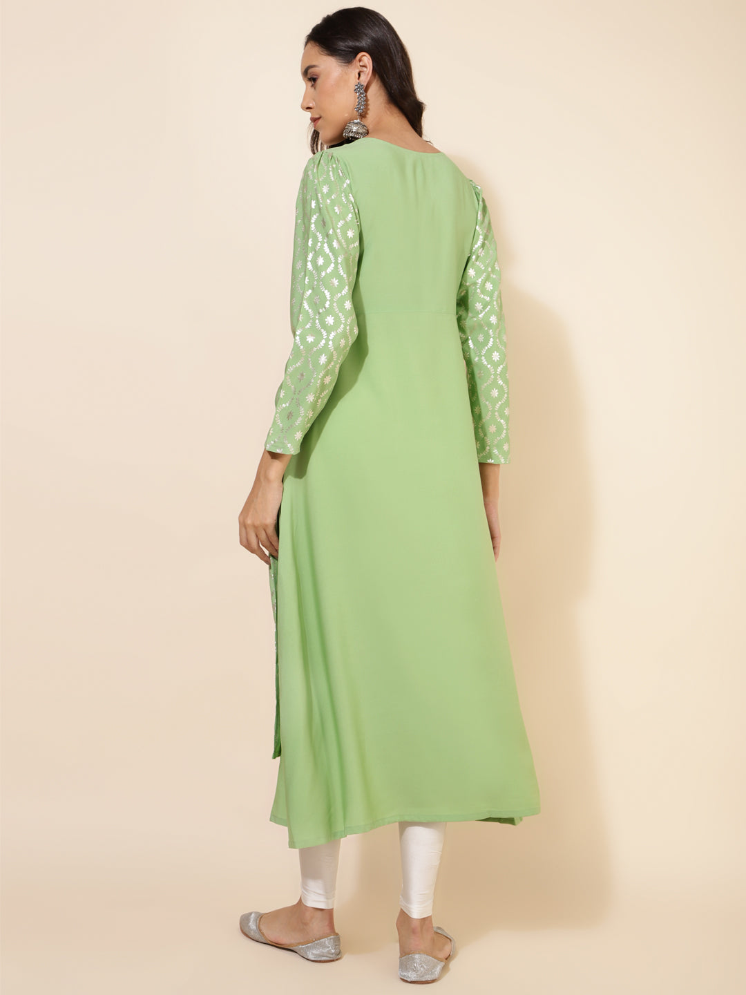 Janasya Light Green Crepe Foil Printed Festive Kurta