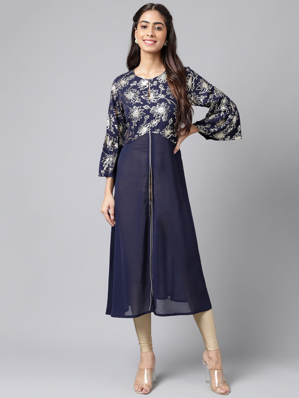 Janasya Women's Navy Blue Georgette Foil Printed Festive A-Line Kurta