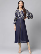 Janasya Women's Navy Blue Georgette Foil Printed Festive A-Line Kurta