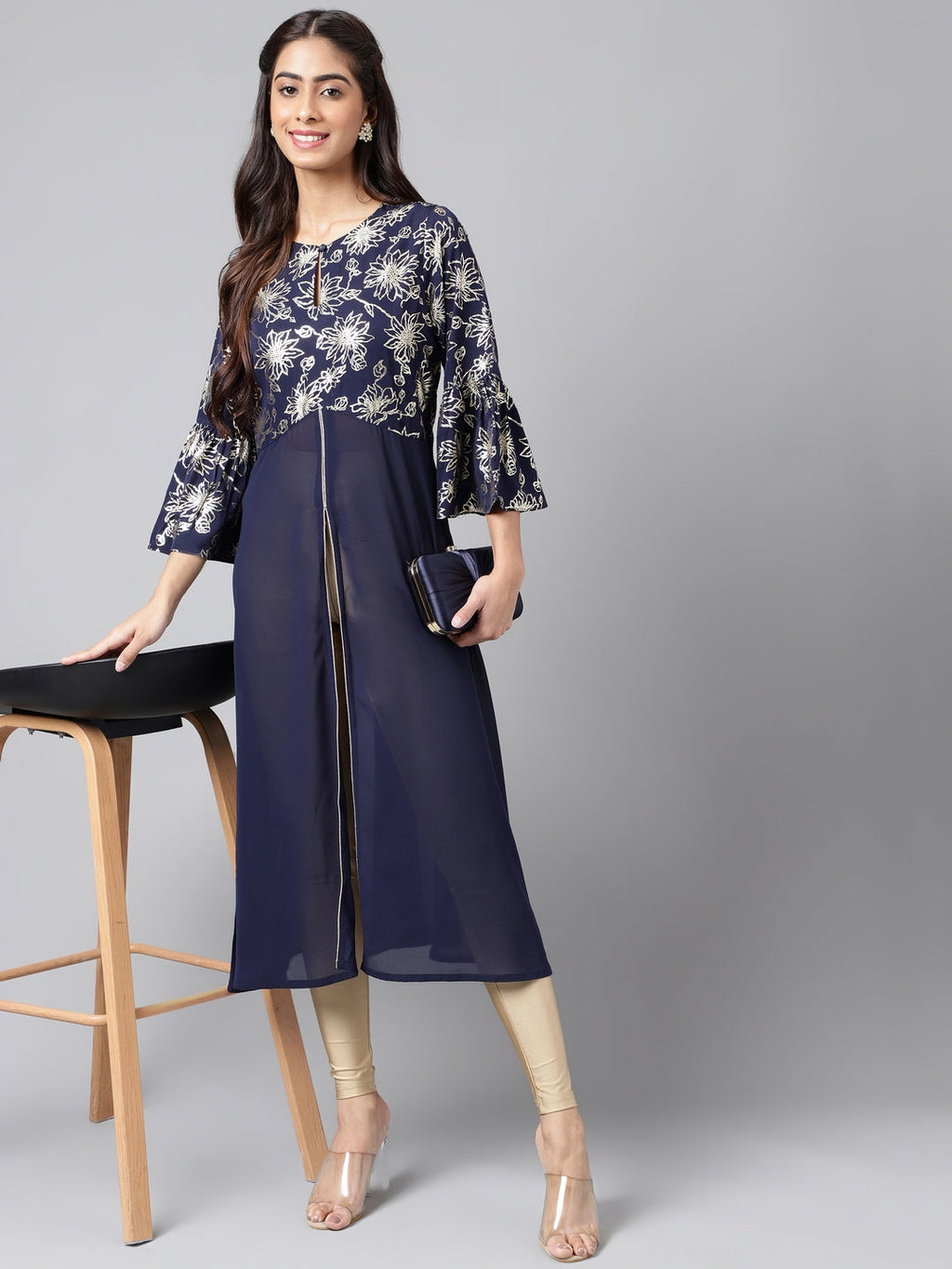 Janasya Women's Navy Blue Georgette Foil Printed Festive A-Line Kurta