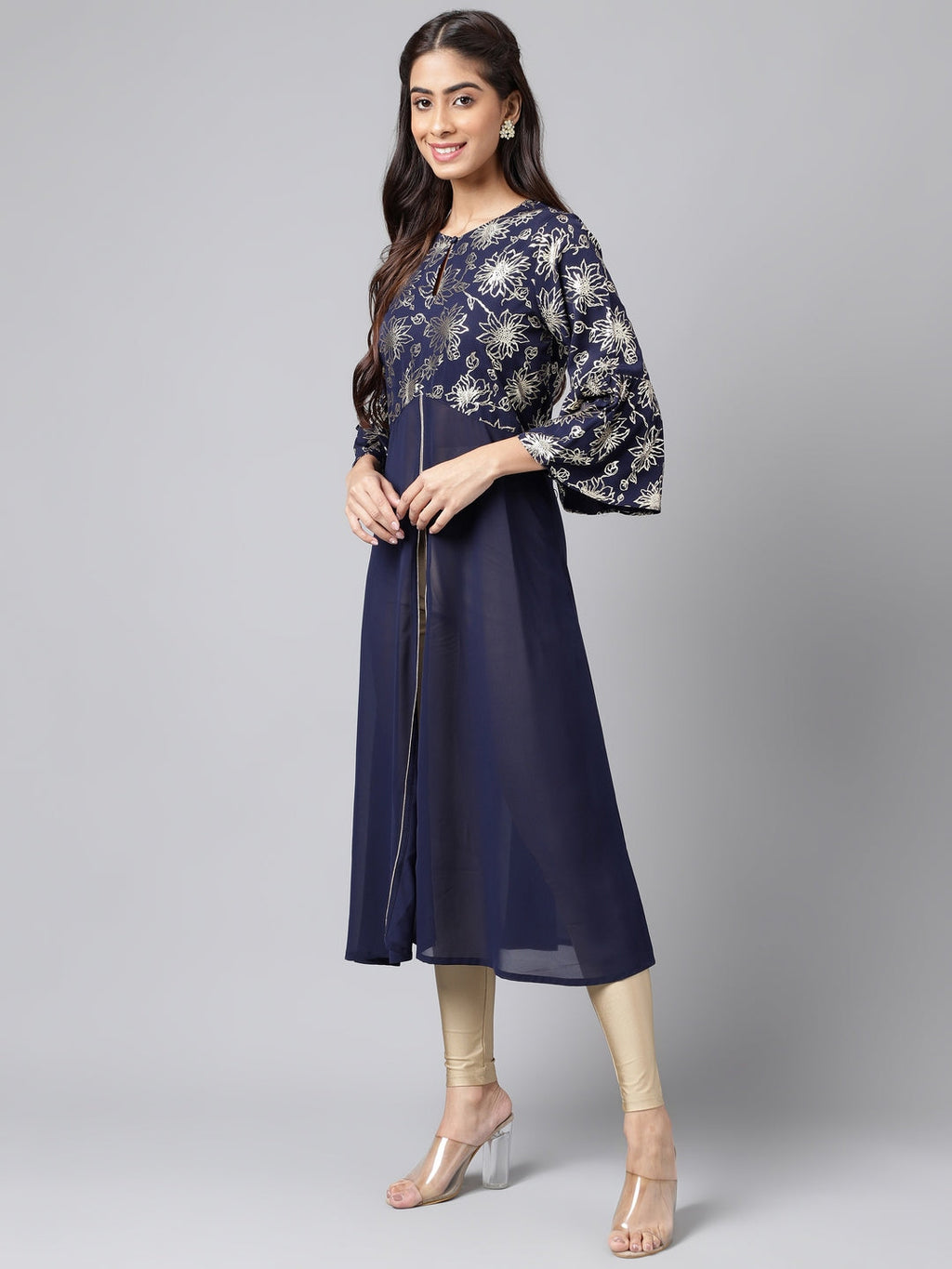Janasya Women's Navy Blue Georgette Foil Printed Festive A-Line Kurta