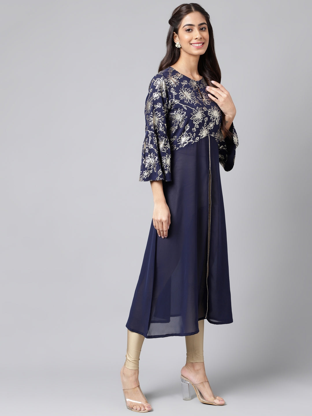 Janasya Women's Navy Blue Georgette Foil Printed Festive A-Line Kurta