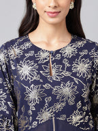 Janasya Women's Navy Blue Georgette Foil Printed Festive A-Line Kurta