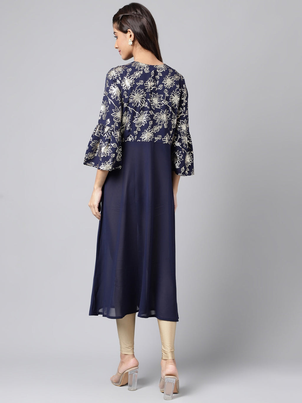 Janasya Women's Navy Blue Georgette Foil Printed Festive A-Line Kurta