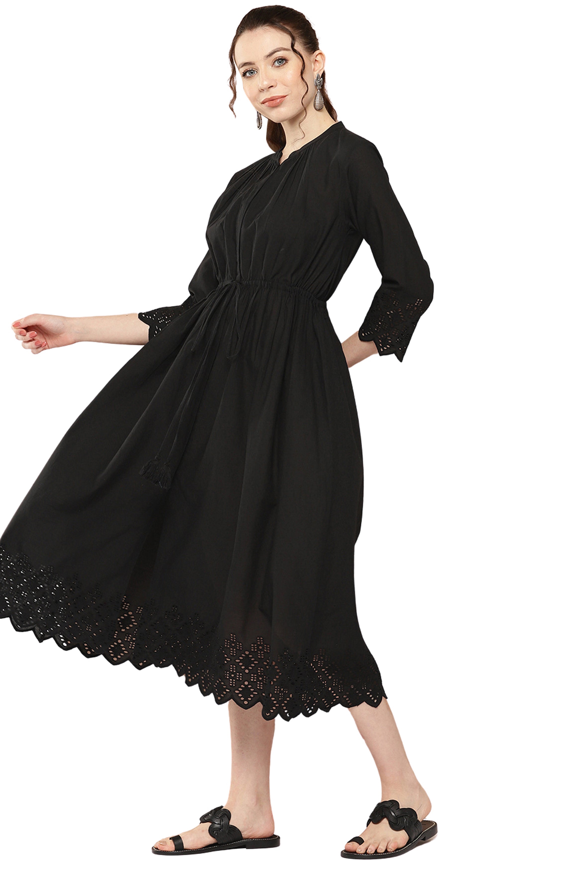 Janasya Black Cotton Solid Flared Casual Dress - Distacart