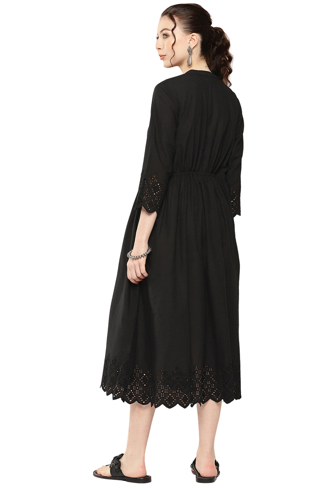Janasya Black Cotton Solid Flared Casual Dress - Distacart