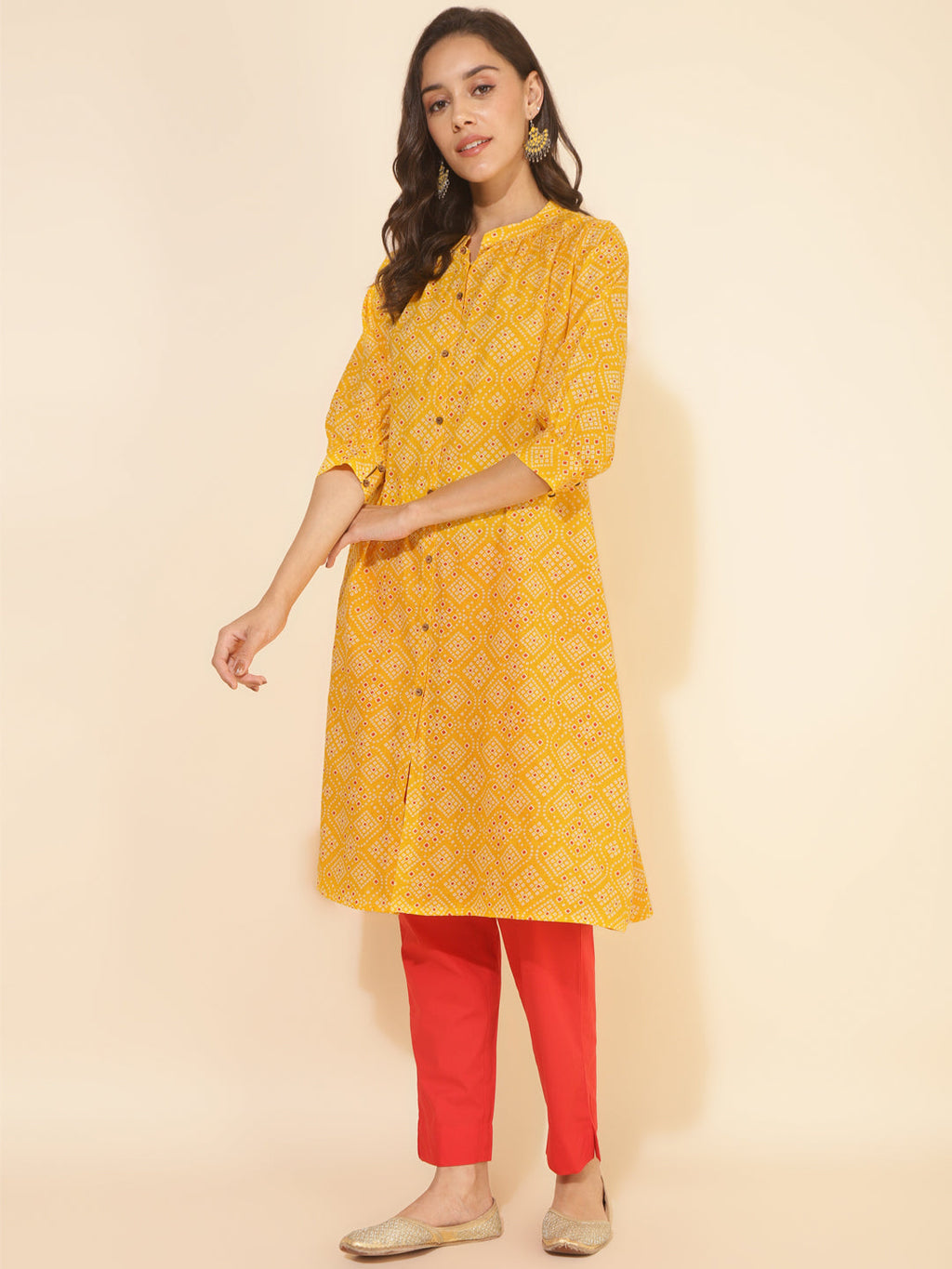 Janasya Yellow Cotton Bandhani Printed Casual Kurta