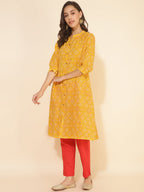 Janasya Yellow Cotton Bandhani Printed Casual Kurta