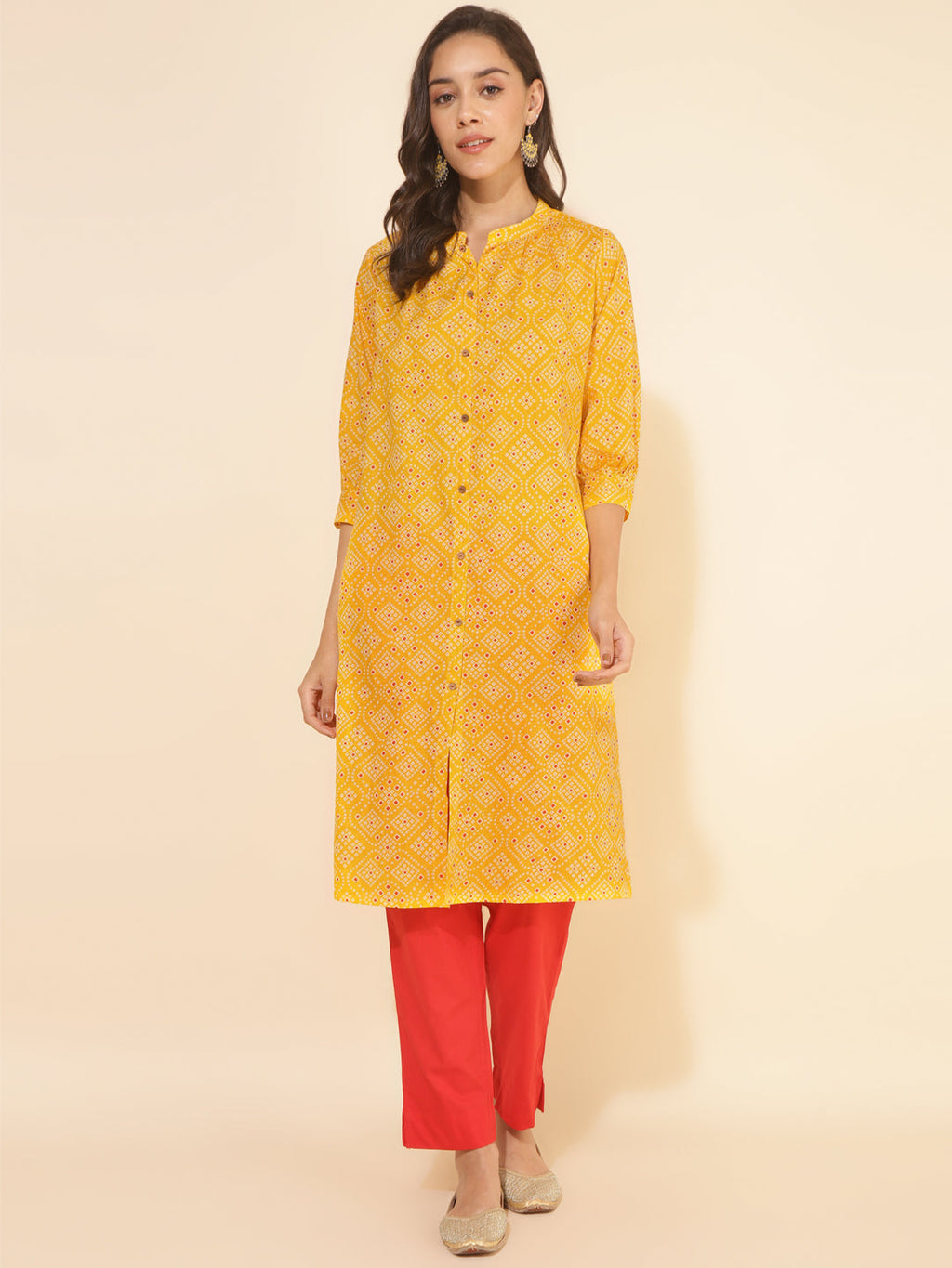 Janasya Yellow Cotton Bandhani Printed Casual Kurta