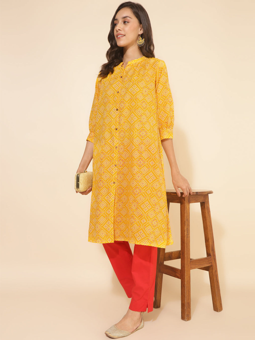Janasya Yellow Cotton Bandhani Printed Casual Kurta