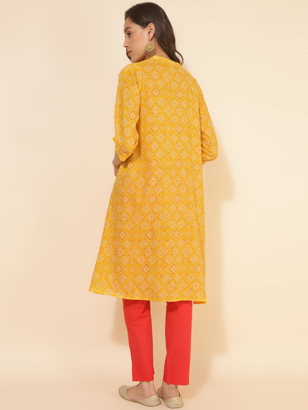 Janasya Yellow Cotton Bandhani Printed Casual Kurta