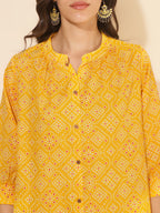 Janasya Yellow Cotton Bandhani Printed Casual Kurta
