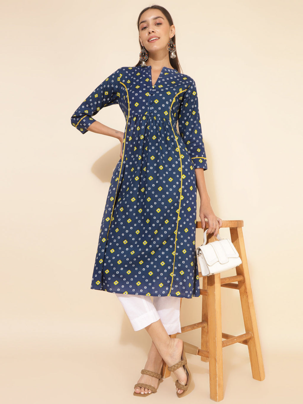 Janasya Blue Cotton Bandhani Printed Casual Kurta