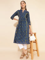 Janasya Blue Cotton Bandhani Printed Casual Kurta