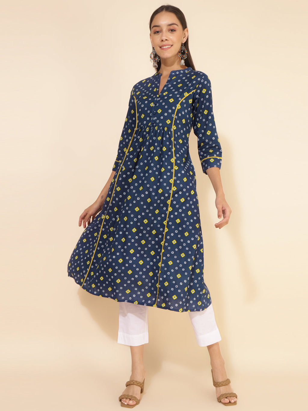 Janasya Blue Cotton Bandhani Printed Casual Kurta