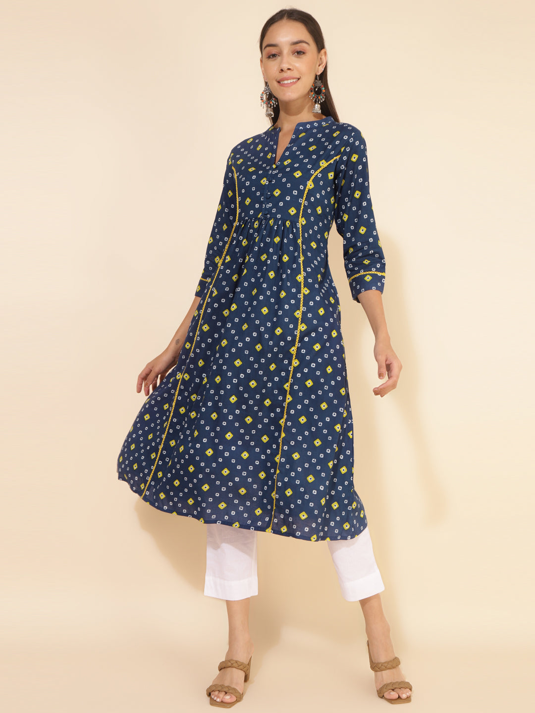 Janasya Blue Cotton Bandhani Printed Casual Kurta