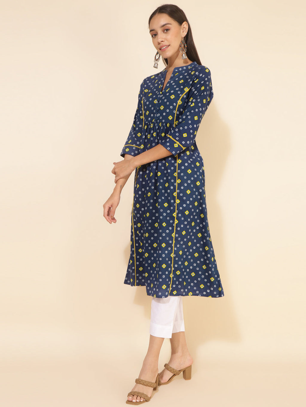 Janasya Blue Cotton Bandhani Printed Casual Kurta