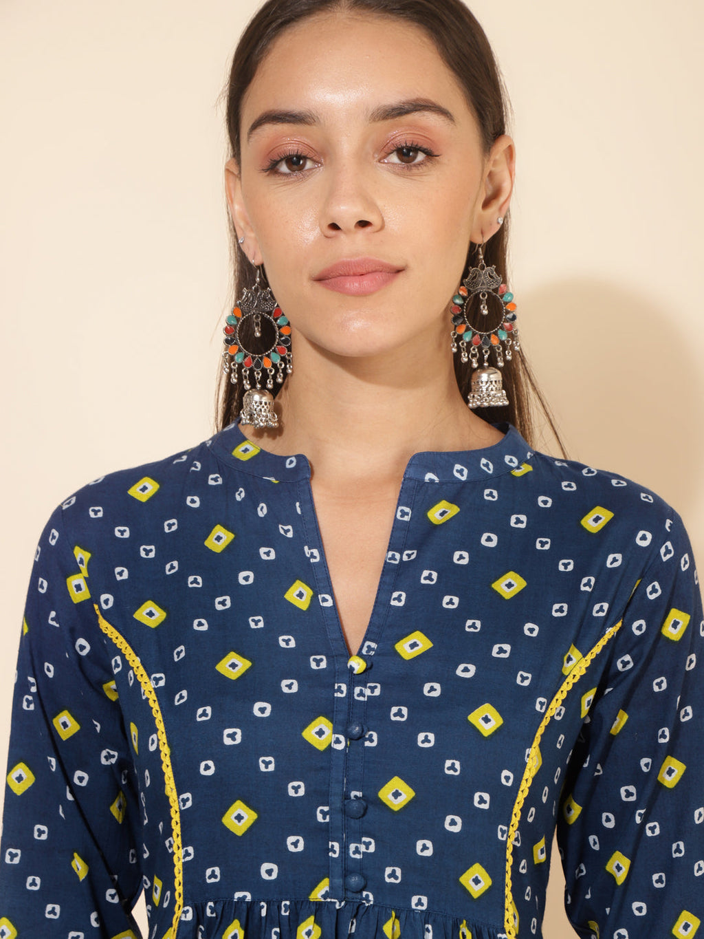 Janasya Blue Cotton Bandhani Printed Casual Kurta