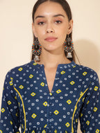 Janasya Blue Cotton Bandhani Printed Casual Kurta