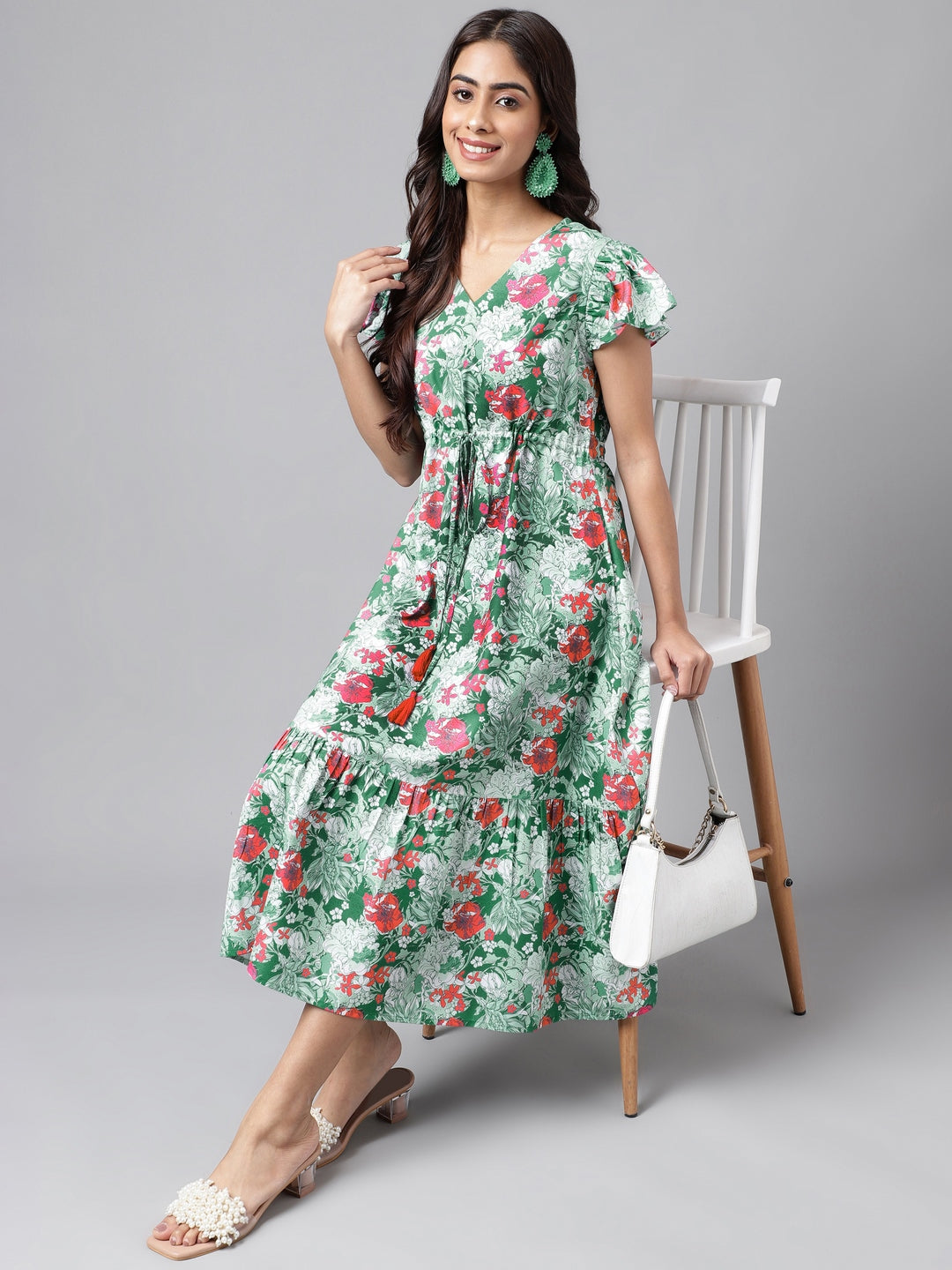 Janasya Green Moss Digital Floral Printed A-line Casual Dress - Distacart
